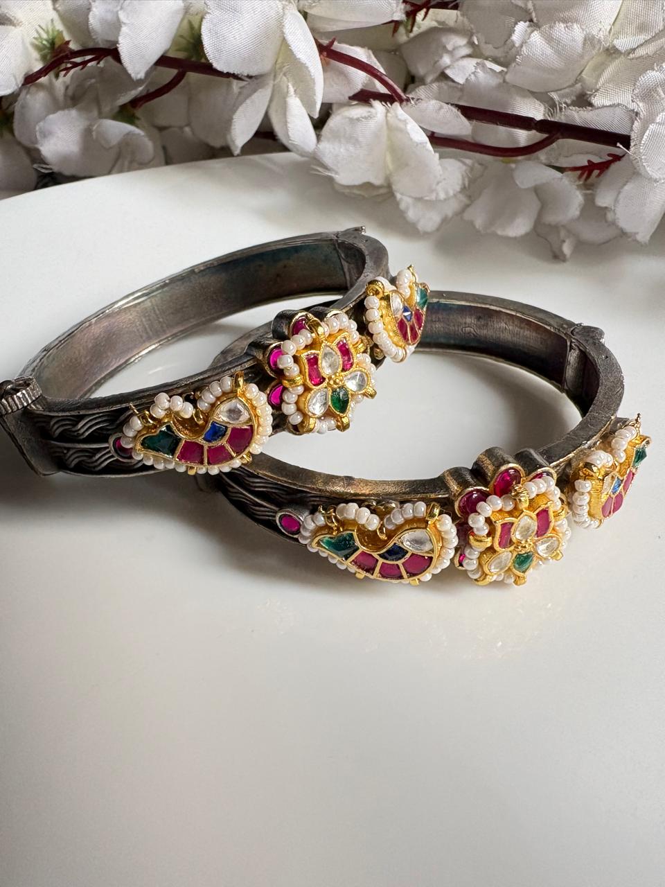 Meherang Kundan Fusion Kada – Premium Dual Tone SLA Brass Cuff Bracelet for Women | Traditional Designer Ethnic Kada