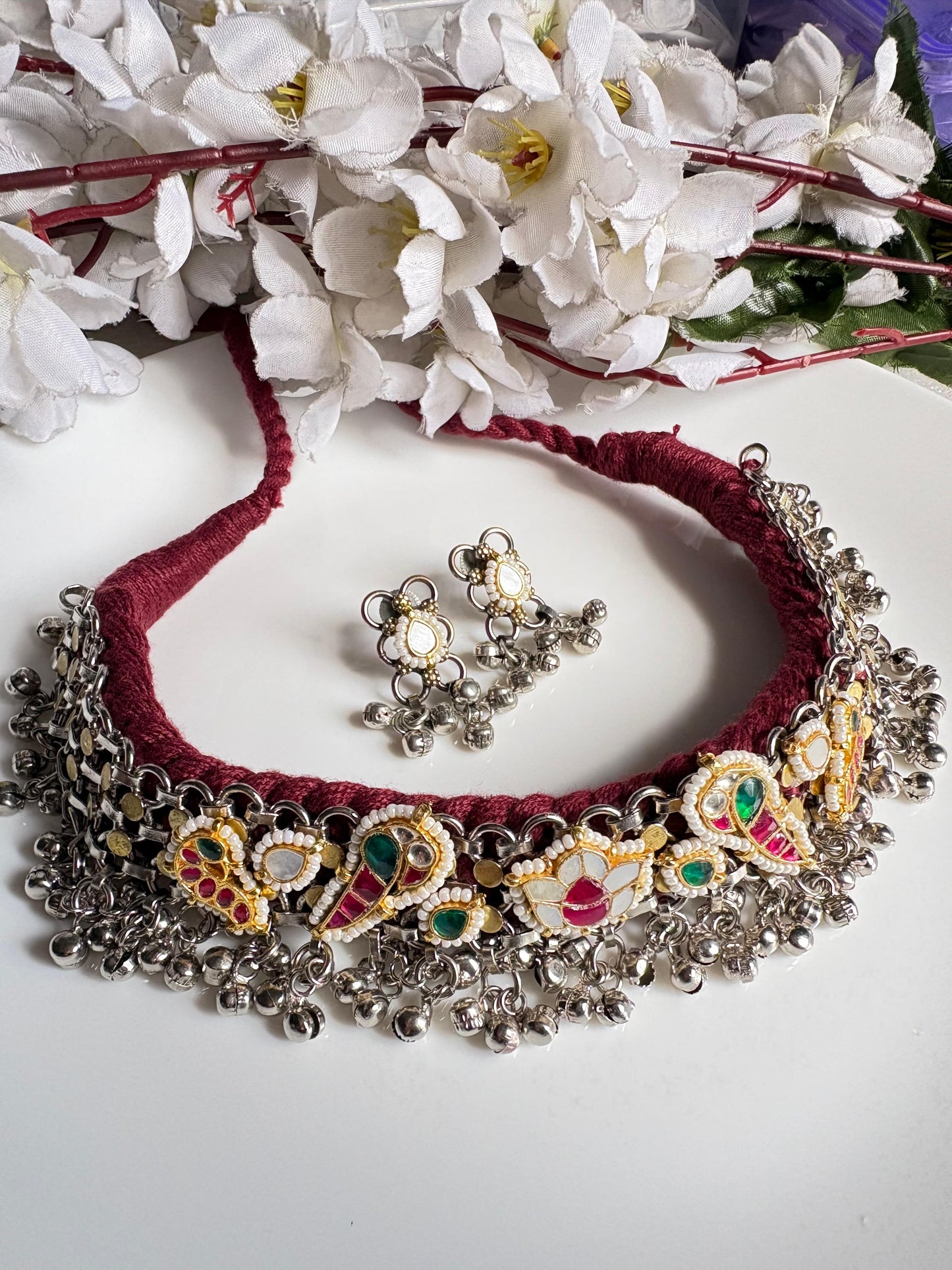 Ghunghroo Varnika Kundan Fusion Thread Dual Tone SLA Necklace Set with Earrings | Premium Brass Heritage Jewellery