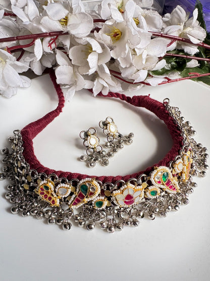 Ghunghroo Varnika Kundan Fusion Thread Dual Tone SLA Necklace Set with Earrings | Premium Brass Heritage Jewellery