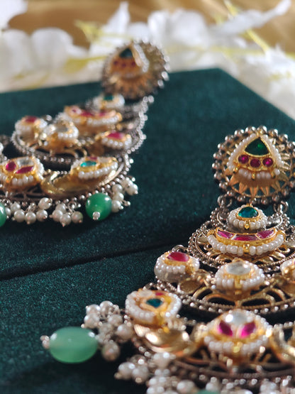 Mayurika Dual Tone Kundan Chandbali Earrings | Gold Matt & Silver Finish Heritage Statement Earrings