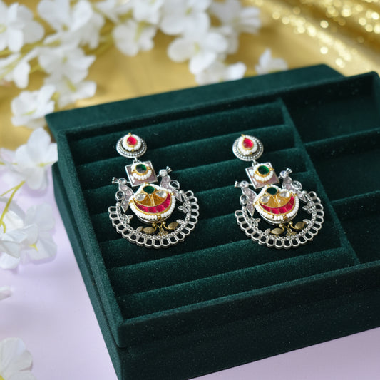 Anvitha Peacock Royal Pacchi Kundan Fusion Earrings in German Silver |  Luxe | Kundan Jewellery India | Premium Indian Jewellery