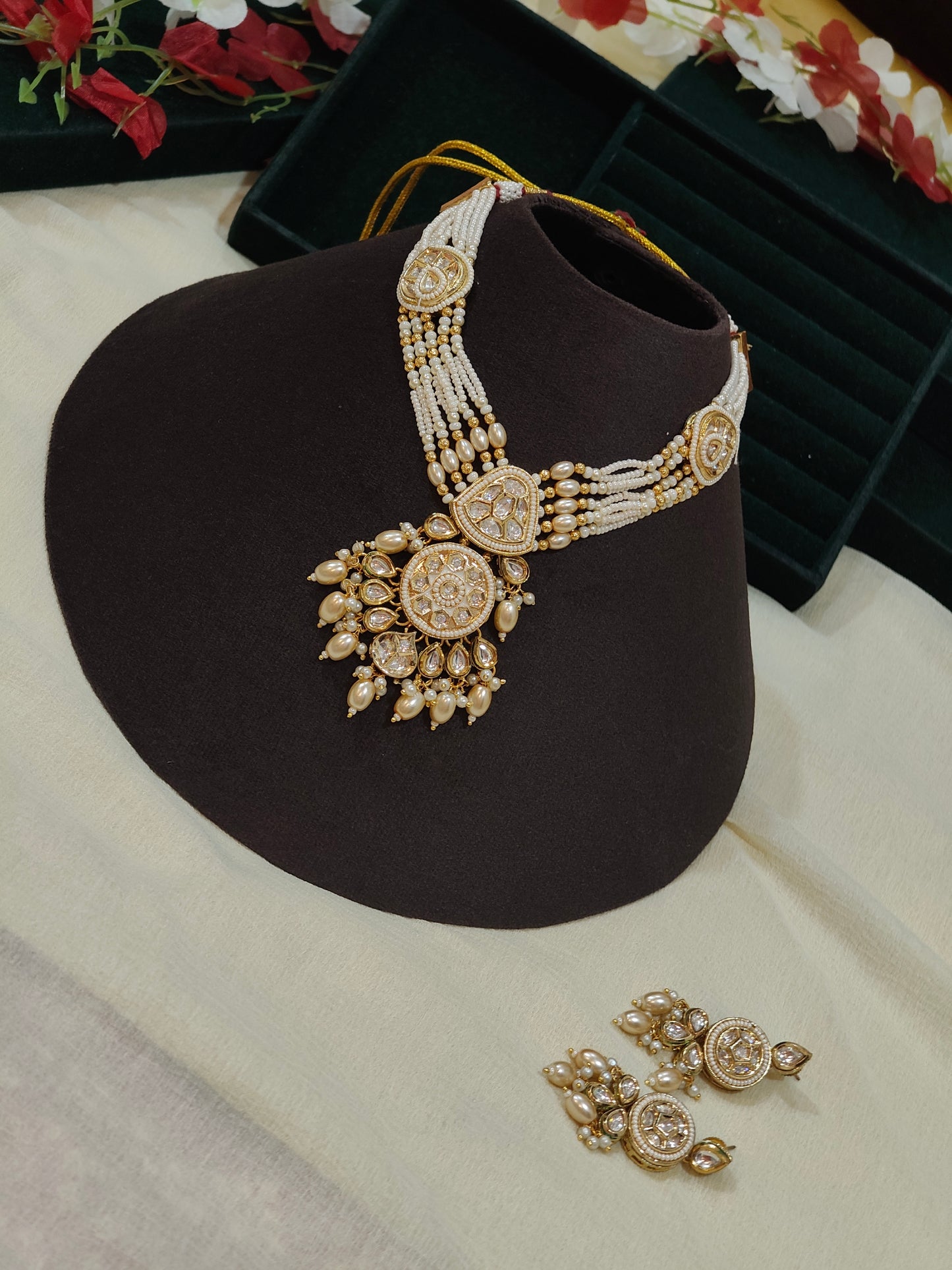 Mrinalini Moissanite Pearl Choker Necklace Set with Matching Earrings | Premium Bridal Jewellery
