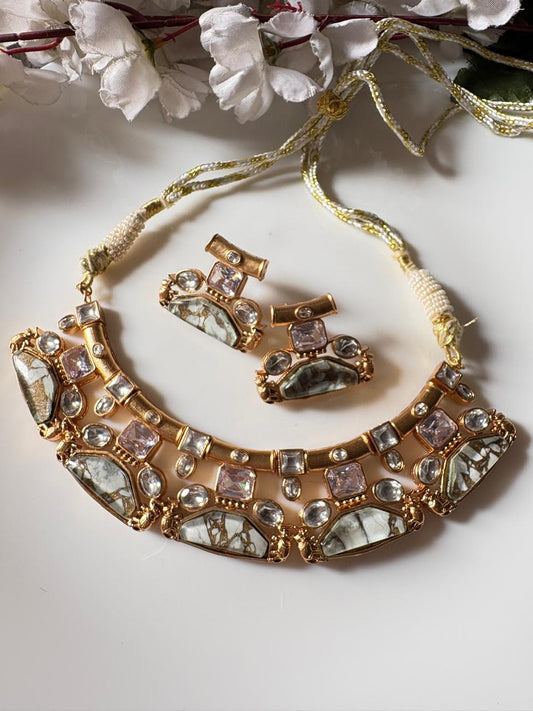 Zehra Royale Marble Stone Apala Polish Necklace Set | Luxury Handmade Jewellery