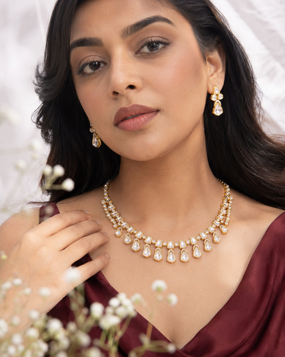 Nooré Polki Moissanite Statement Necklace Set with Matching Earrings | Premium Bridal Jewellery