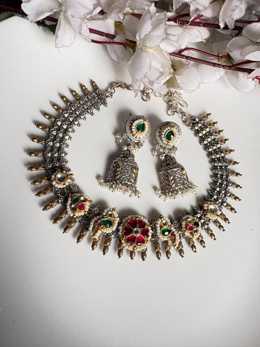 Padmavalli SLA Dual Tone Fusion Pachi Kundan Choker Necklace Set with Earrings | Premium Brass Budget Collection | Alankrent Luxe