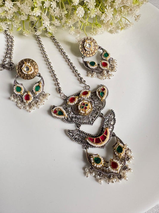 Rangmala Kundan Fusion Long Necklace Set with Jhumka Earrings | Dual Tone SLA Jewellery