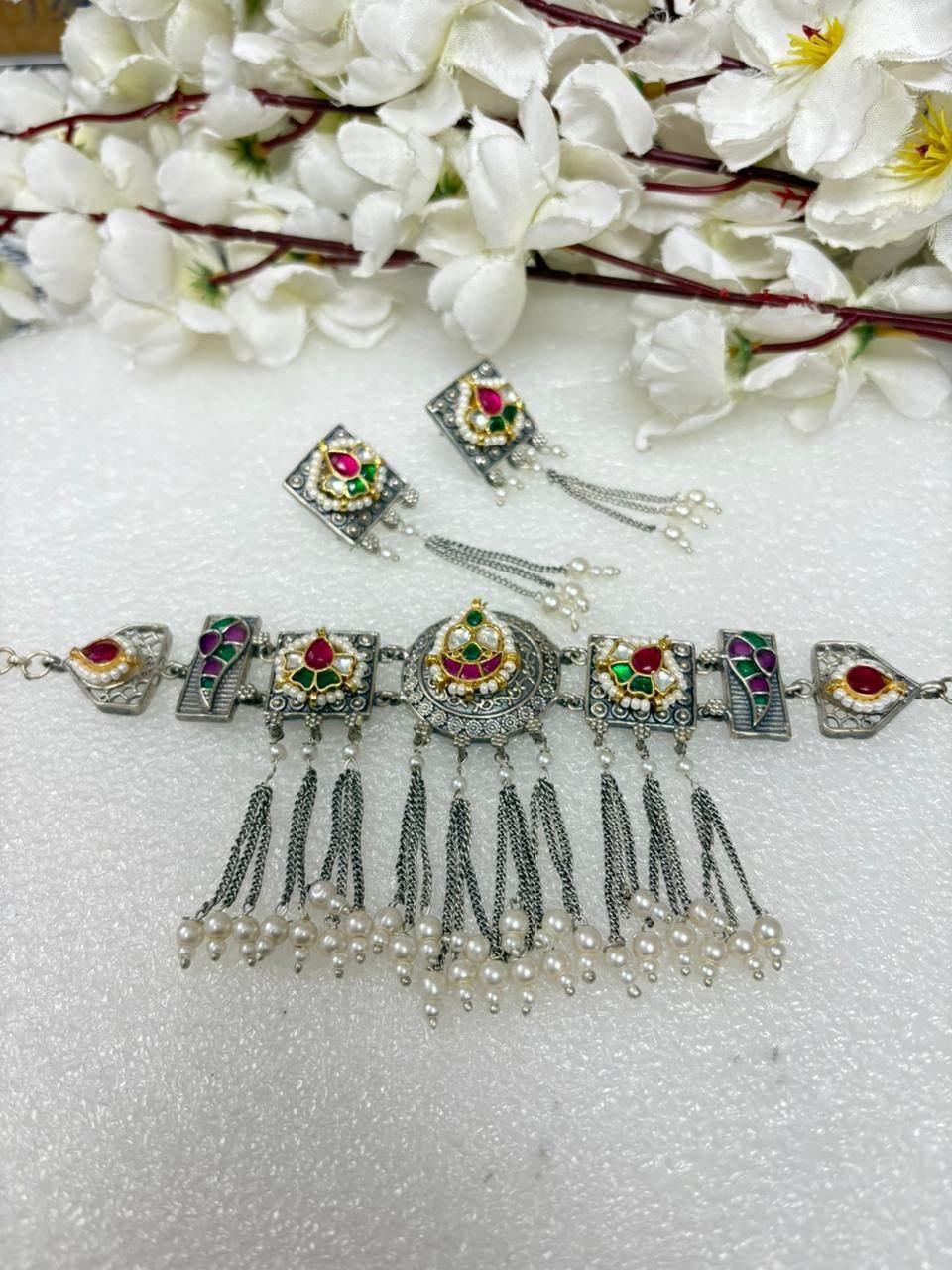 German Silver Choker Necklace with Stone & Pearl Drops - Bohemian Style Ready Stock Jewelry Set - Alankrent Luxe