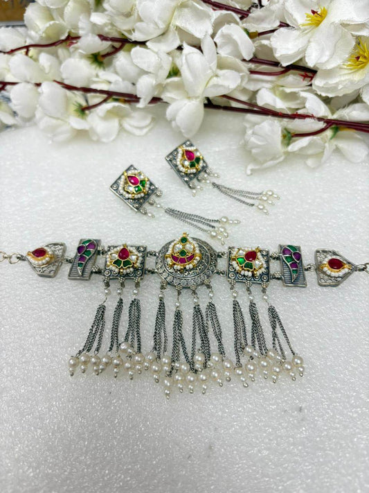 German Silver Choker Necklace with Stone & Pearl Drops - Bohemian Style Ready Stock Jewelry Set - Alankrent Luxe