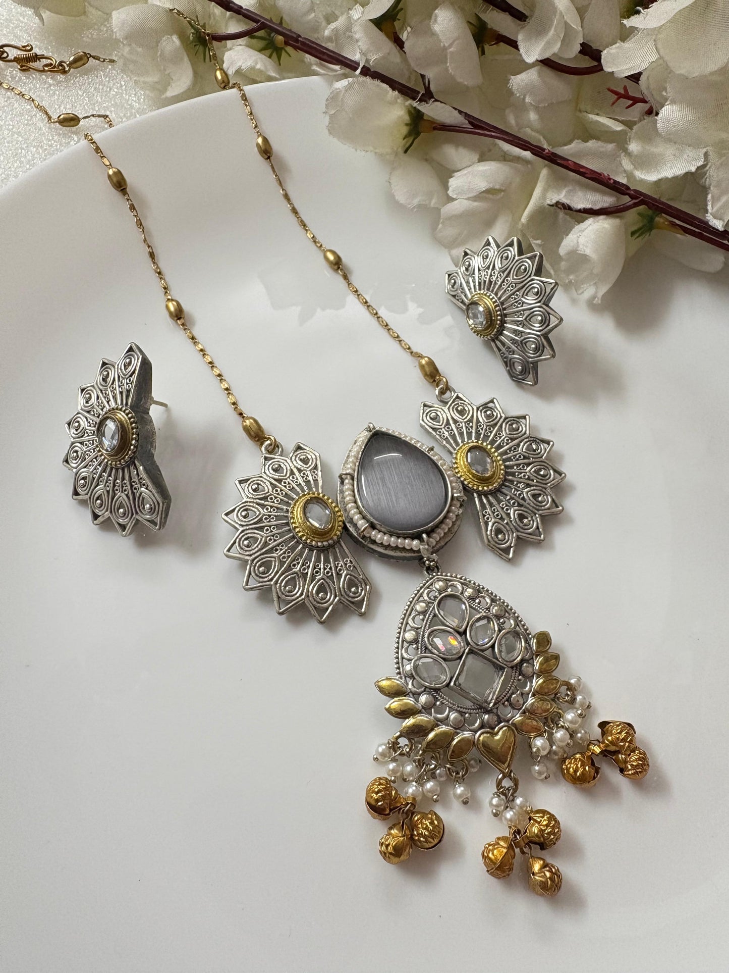 Statement Silver and Gold Finish Necklace and Earring Set with Multi-Color Stone Options