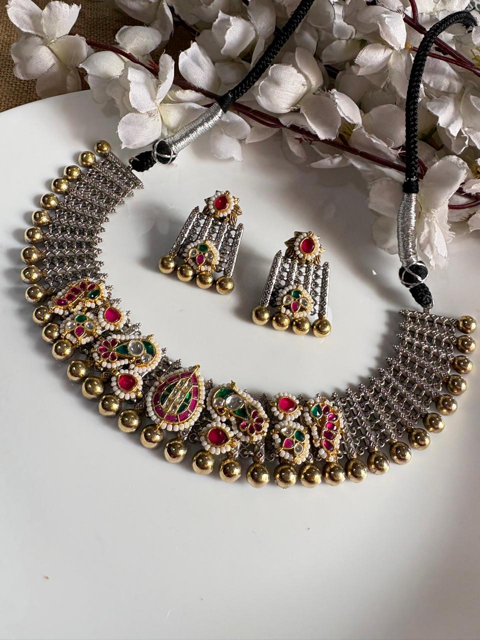 Vallari Navrang Dual Tone SLA Kundan Choker Necklace Set with Matching Earrings | Premium Ethnic Jewellery  Ready Stock | Alankrent | AK-CHK-NV06 by Alankrent