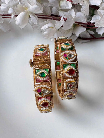 Meherza Gold Premium Kundan Stone Kada Online | Ruby Green Openable Brass Kada for Women