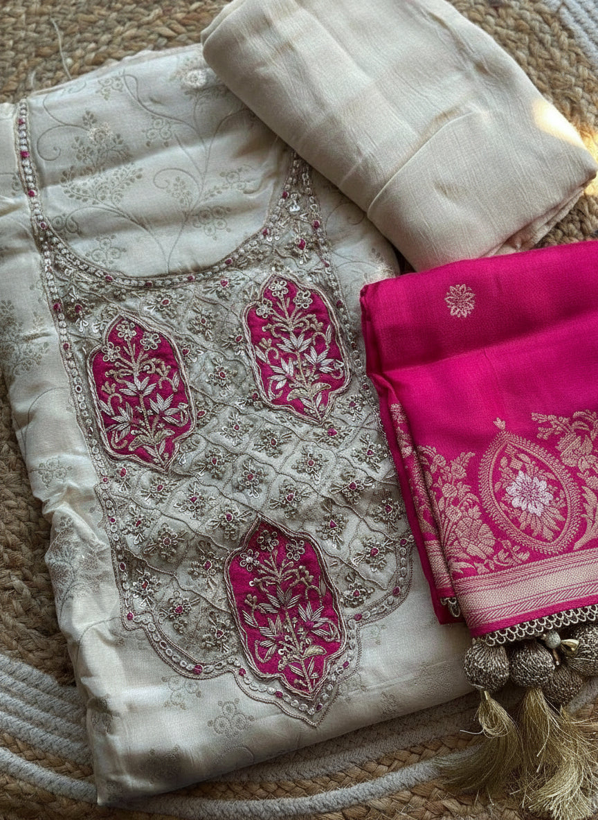 Cosmos Zari Tissue Suit Set | Zardosi & Gota Patti Handwork with Banarasi Dupatta