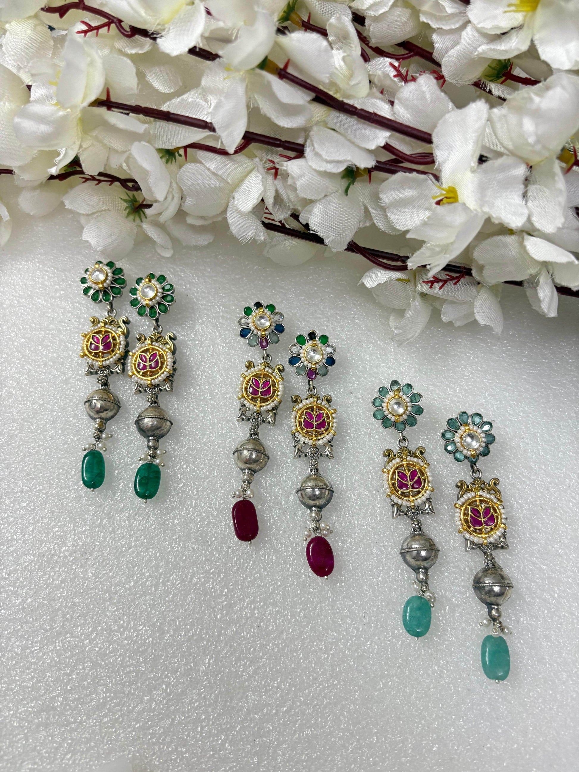 Aarohi Long Kundan Earrings | Kundan Fusion Stone Earrings Online - Alankrent Luxe
