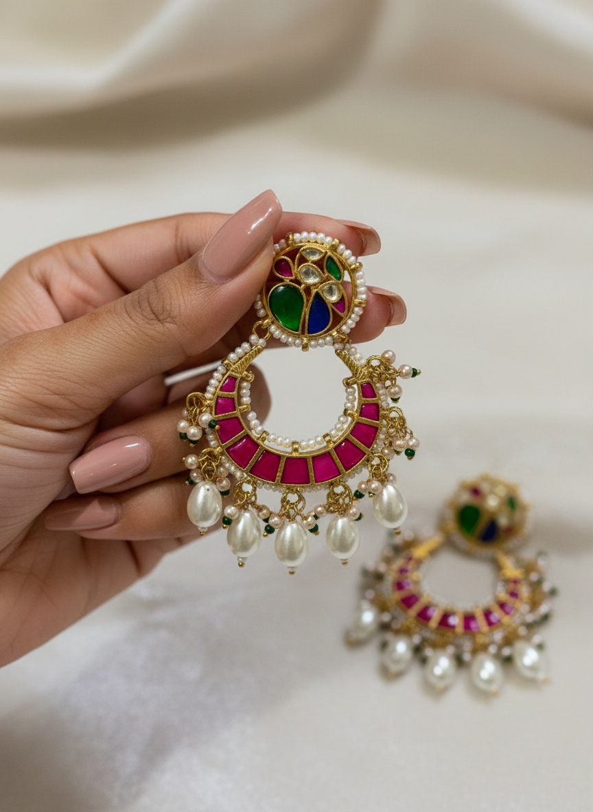 Royal Meenakari Kundan Chandbali | Handcrafted Heritage Pearl Earrings for Weddings & Luxury Occasions
