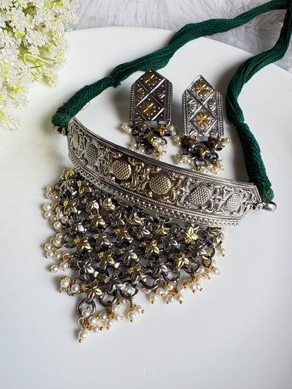 Rajsi Gulbahar Premium Dualtone Handmade SLA Thread Hasli with Pearl Detailing & Earrings | Navratri Jewellery