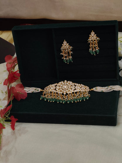 Noorika Polki Pearl Beads Choker Set with Green Bead Drops & Matching Earrings | Bridal Choker Necklace
