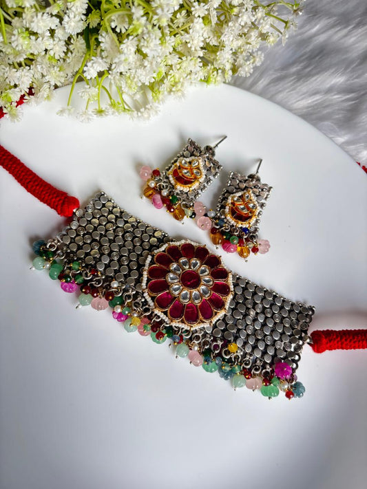 Rajvanshi Silver Lookalike Pacchi Kundan Statement Choker Necklace Set