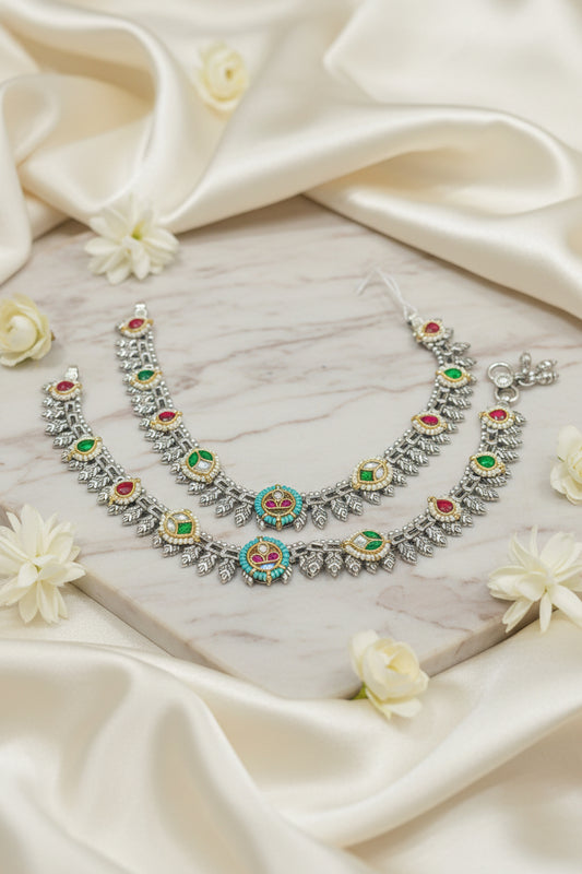 Vanya German Silver Kundan Leaf Payal | Traditional Anklet for Women