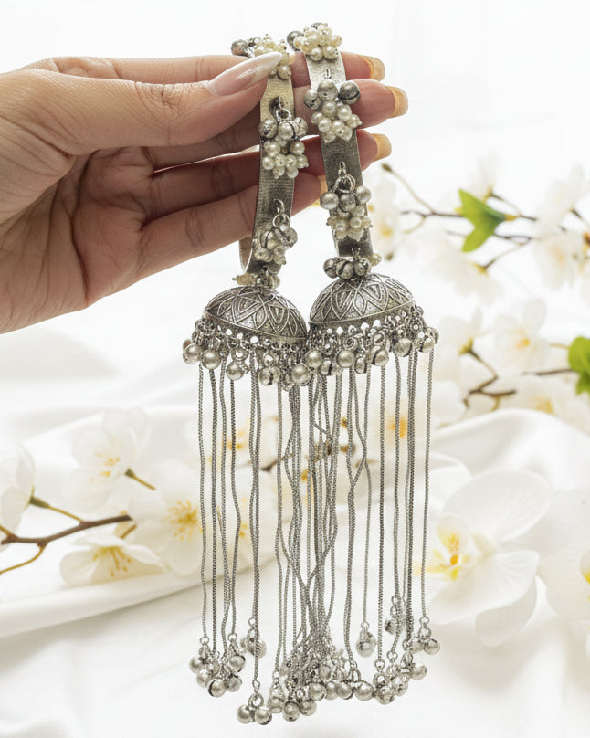 Rajwada Noor Jhumar Bangles in German Silver with Silver Polish | Heavy Traditional Danglers | Size up to 2.6