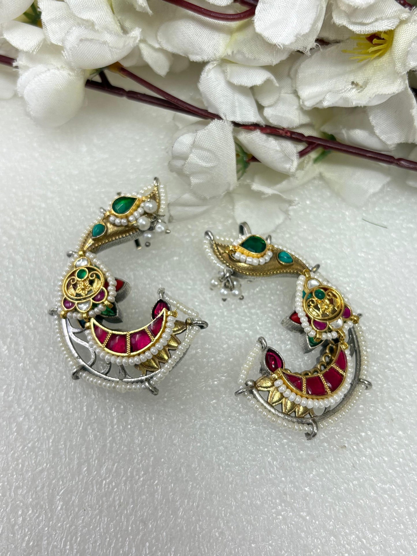 Kundan Fusion Silver Look A Like Dualtone Earcuffs  Design 2 by Alankrent