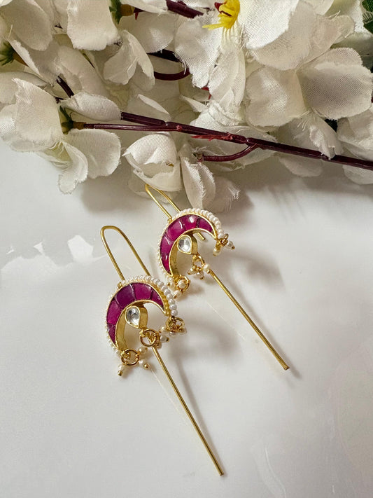 Chaandrika SLA Needle Kundan Earrings – Premium Crescent Moon Fusion Pearl Earrings