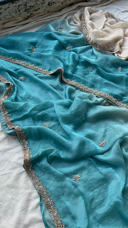 Aaranya Turquoise Luxe Saree | Turquoise Blue Pure Lycra Saree with Fancy Coding Work and Contrast Ivory Blouse