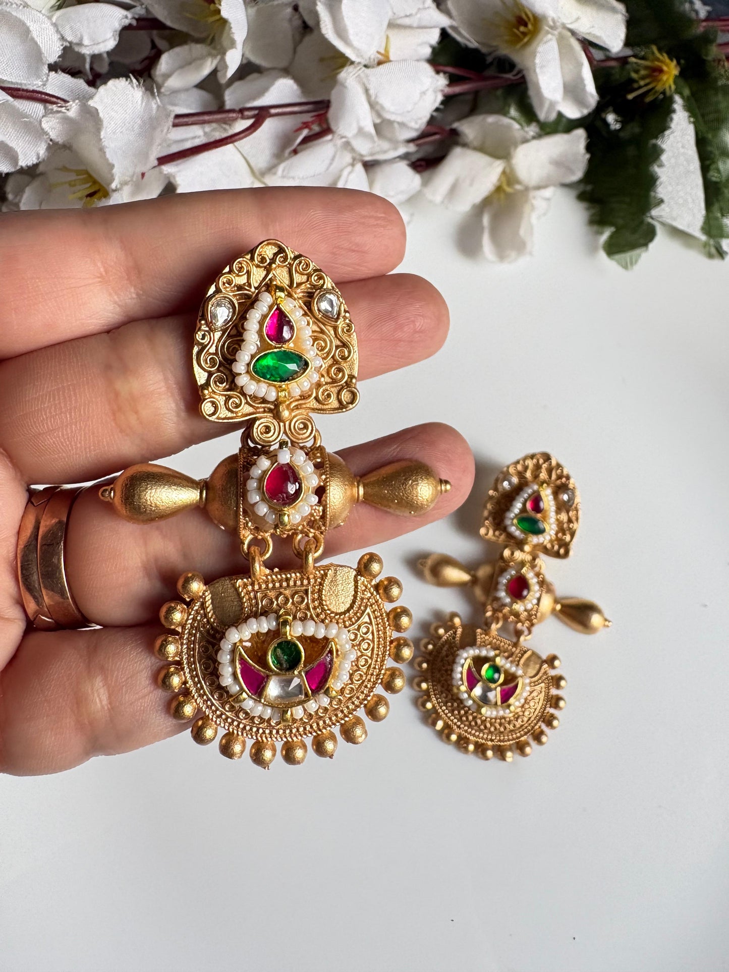 Aarohi Gold Matt Kundan Chandbali Earrings | Traditional Gold Polish Statement Earrings