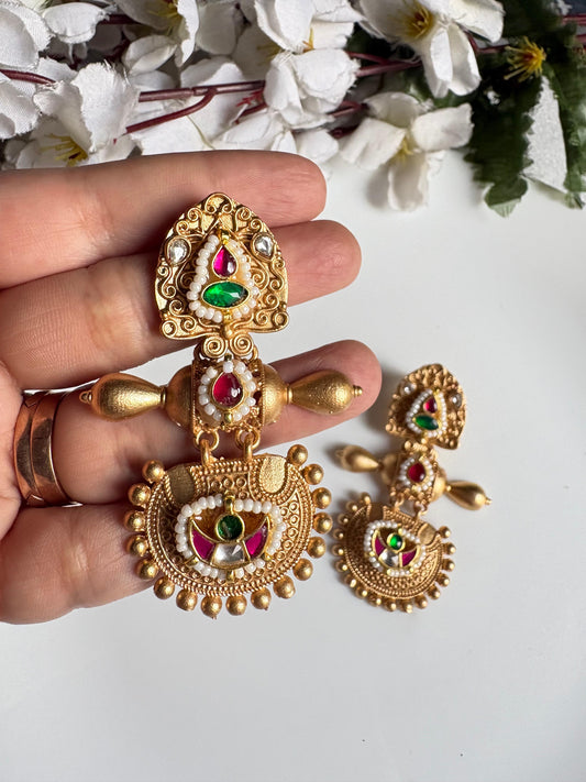 Aarohi Gold Matt Kundan Chandbali Earrings | Traditional Gold Polish Statement Earrings