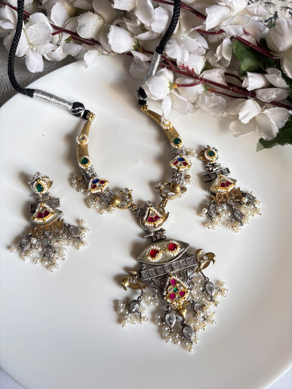 Dual Tone Kundan Fusion Necklace Set with Earrings | SLA Finish Brass Jewellery  Ready Stock | Alankrent | AK-20260111-DT19 by Alankrent
