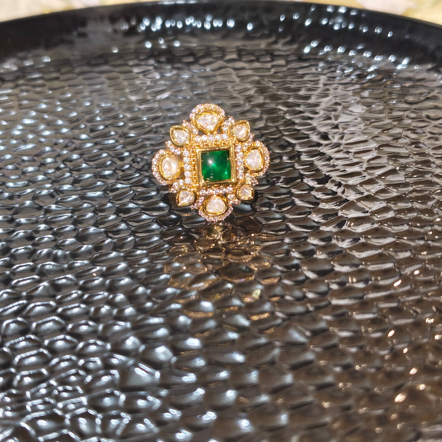 Tishaya Polki Moissanite Ring with CZ Diamonds Green Stone Adjustable Ring  | Moissanite Jewellery India | Premium Indian Jewellery
