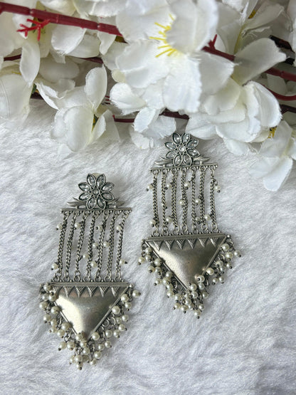 Silver Look Alike Long Tribal Earrings With Pearl Fringe Brass Base Oxidised Finish Alankrent Ak Lte - Alankrent Luxe