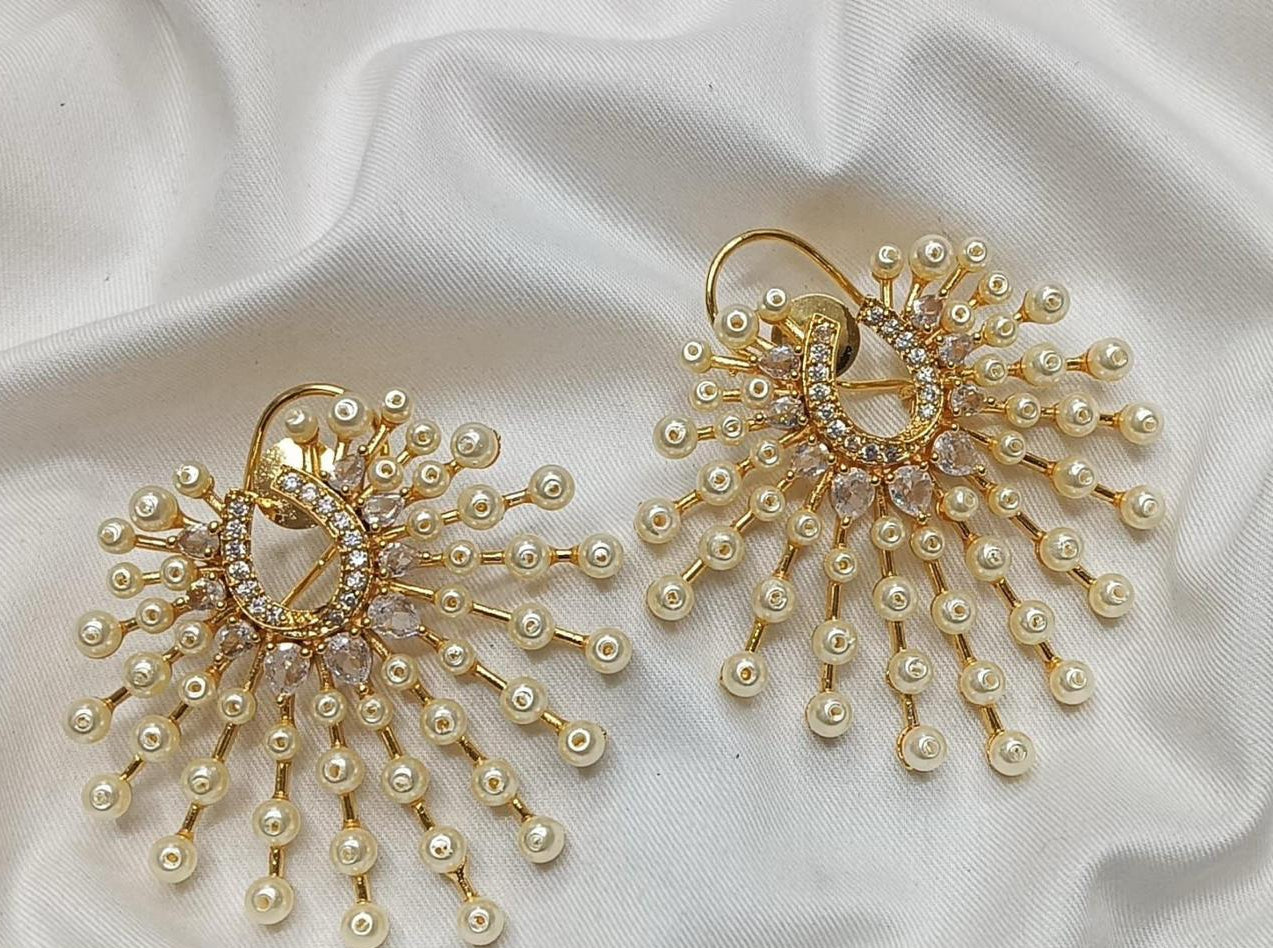 Gold Finish Pearl Stud Earrings | 14kt Gold Plated Zirconia Jewellery