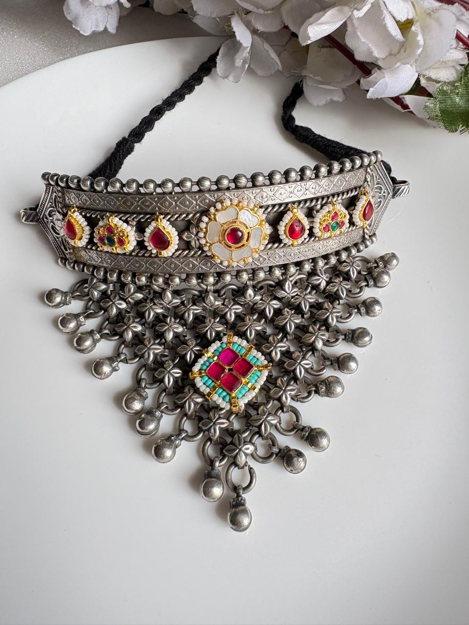 Rajeshwari Rajputi Haad Kundan Fusion Choker | Silver Look Alike Heritage Rajputi Necklace