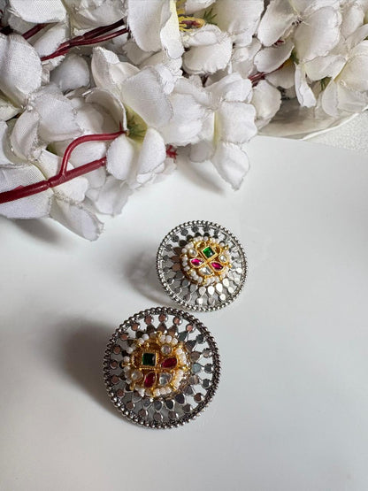 Svarnarekha Dual Tone SLA Fusion Pachi Kundan Stud Earrings | Premium Brass Antique Stud Earrings | Traditional Indian Jewellery | Alankrent Luxe