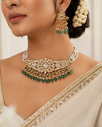 Noorika Polki Pearl Beads Choker Set with Green Bead Drops & Matching Earrings | Bridal Choker Necklace