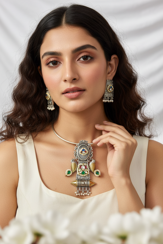 Rajsi Mor SLA Stone Hasli Necklace with Kundan Fusion and Earrings for Women