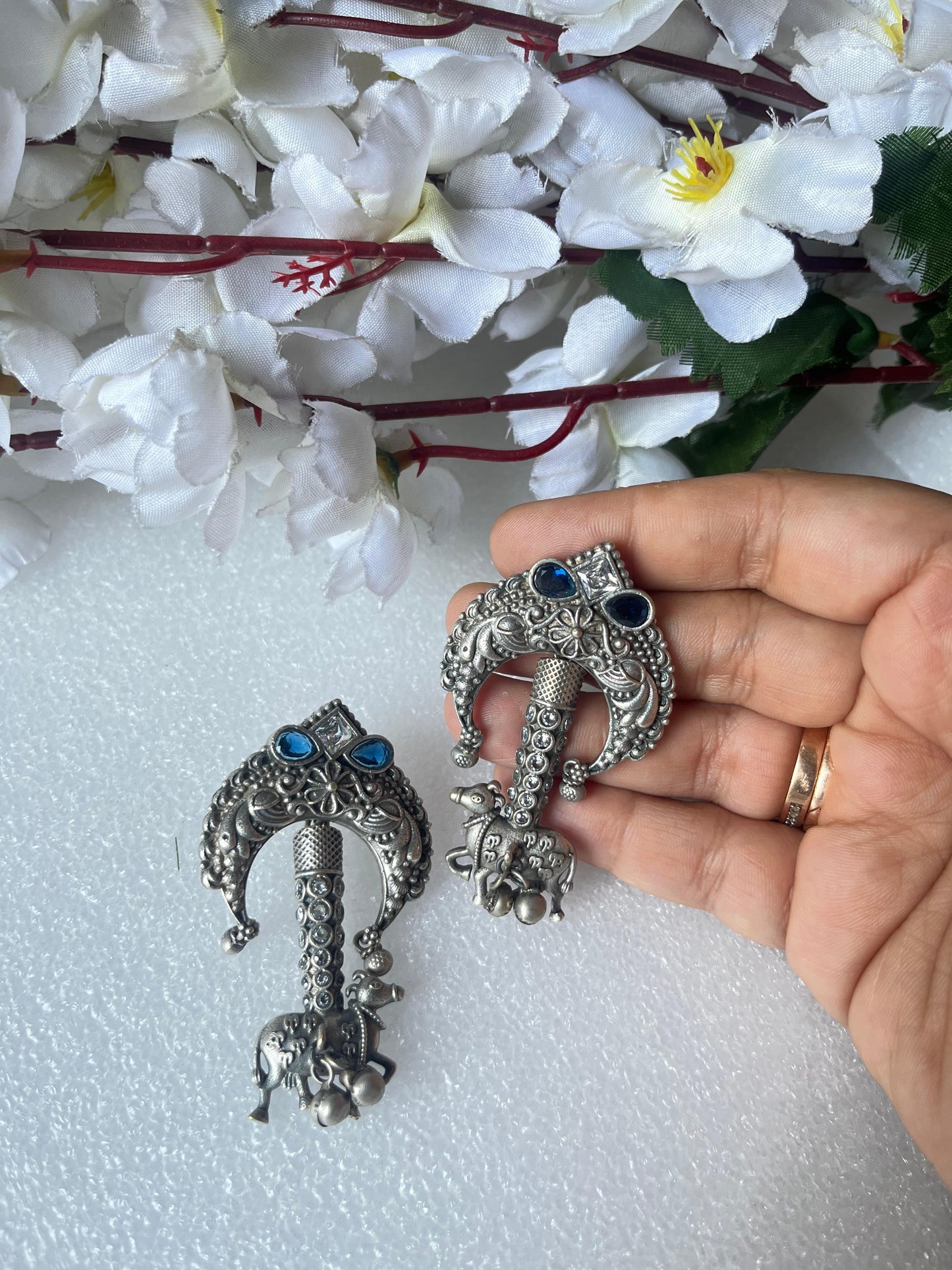 Silver Look Kamdhenu Motif Statement Earrings with Coloured Stones  Handcrafted Temple Design by Alankrent