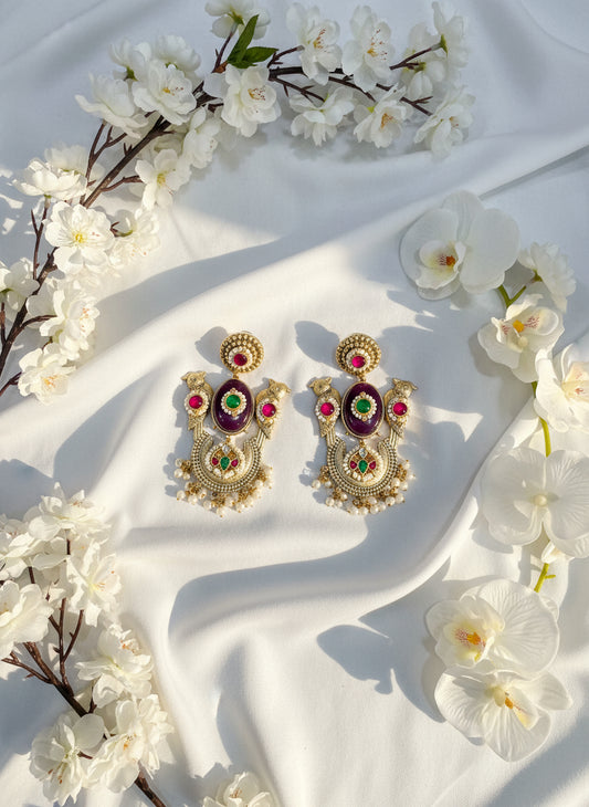 Gold Matte Kundan Fusion Earrings with Peacock Motif and Stone Detailing | Alankrent