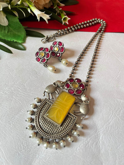 Silver Lookalike Necklace - Elephant Monalisa Stone with earrings - Alankrent Luxe