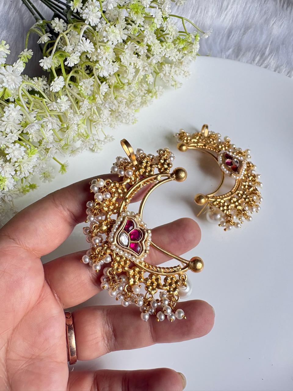 Aadhya Kundan Pearl Full Ear Cuff | Gold Polish Traditional Ear Cuff