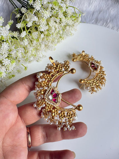 Aadhya Kundan Pearl Full Ear Cuff | Gold Polish Traditional Ear Cuff