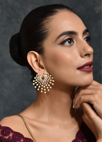 Gold Finish Pearl Stud Earrings | 14kt Gold Plated Zirconia Jewellery