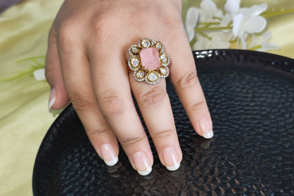 Aabira Polki Moissanite Pink Stone Ring with CZ Diamonds Adjustable Cocktail Ring  | Moissanite Jewellery India | Premium Indian Jewellery