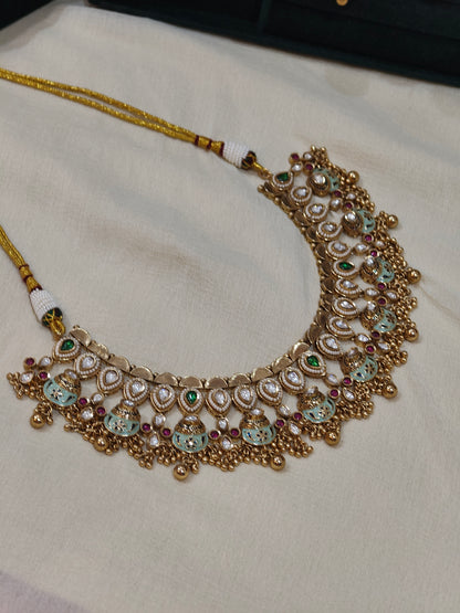 Aarunya Pastel Kundan Polki Choker Necklace Set with Designer Jhumka Earrings | Premium Bridal Jewellery