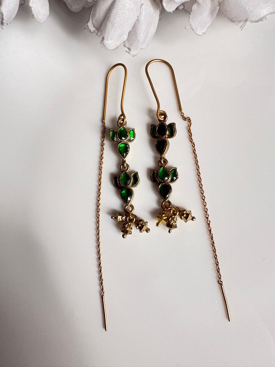 Pushparaga Apala Polish Kundan Sui Dhaga Earrings – Lotus Drop Threader Earrings with Ghungroo for Women