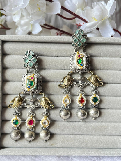 Alankrent VedaBird Kundan Danglers – Premium Long Earrings with Peacock Motifs & Multicolour Stones