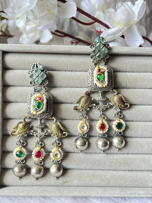 Alankrent VedaBird Kundan Danglers – Premium Long Earrings with Peacock Motifs & Multicolour Stones