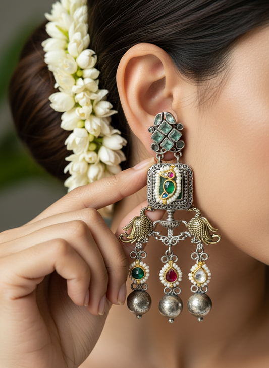 Alankrent VedaBird Kundan Danglers – Premium Long Earrings with Peacock Motifs & Multicolour Stones