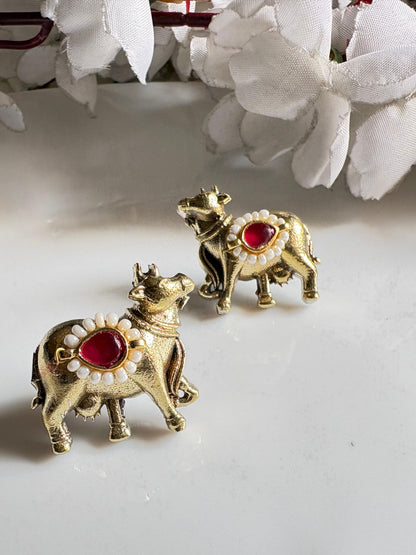 Noorvika Gold Cow Kundan Earrings | Minimal Cow Motif Studs | Brass SLA Polish Budget Jewellery |  | Kundan Jewellery India | Premium Indian Jewellery