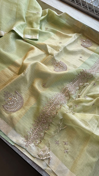 Premium Tissue Silk Banarasi Saree | Handcrafted Zardozi, Gota Patti & Pearl Work